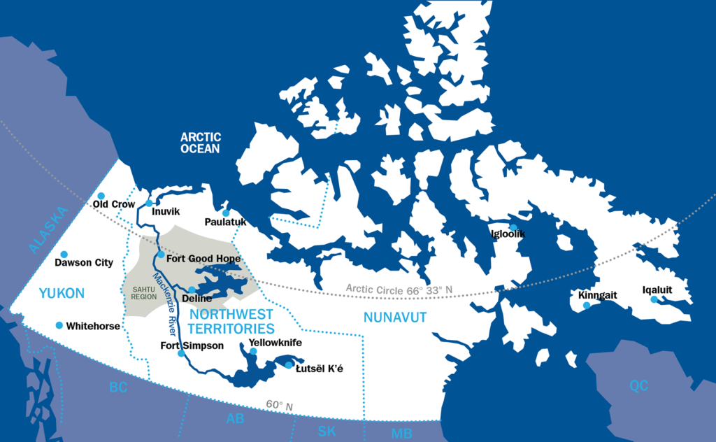 A map of northern Canada with a focus on the Yukon, Northwest Territories and Nunavut