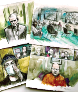 Four illustrations of court sketches drawn by Pam Davies
