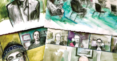 Four illustrations of court sketches drawn by Pam Davies