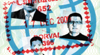 Passport photos of three men with a Canada Customs stamp over top