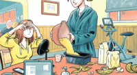 Illustrattion of a woman pouring batter into a pan, a teenager doing her make and a child colouring at a messy kitchen table. An exercise bike sits in the background